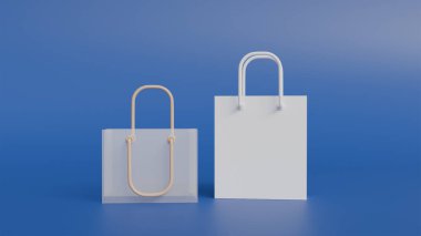 Logo tasarımı, markalaşma veya reklamcılık için mavi arka planda tutacakları olan iki poşet, polietilen ve beyaz kağıt poşet.