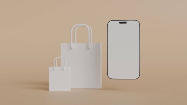İki beyaz kese kağıdı ve kahverengi arka planda beyaz ekranlı bir cep telefonu tasarım ve telefon aracılığıyla online alışveriş