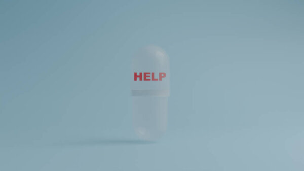 Прозрачная медицинская капсула с надписью на синем фоне как концепция медицинской помощи, лечения и фармацевтики