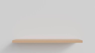 Beyaz arkaplanda bir ahşap duvar rafı. Mal, dekoratif öğeler, kozmetik ürünler veya ambalaj tasarımı için bir şablon.