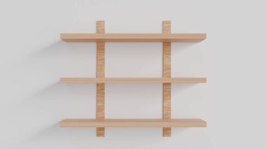 İç kısımda üç ahşap duvar rafı beyaz bir zemin üzerinde mal, dekoratif elementler, kozmetik ürünler veya ambalaj tasarımı için bir şablon olarak