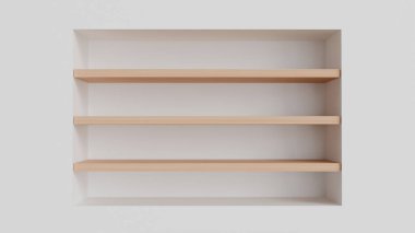 İç kısımda üç ahşap duvar rafı beyaz arkaplandaki bir oyukta mal, dekoratif elementler, kozmetik ürünler veya ambalaj tasarımı için bir şablon olarak kullanılıyor.