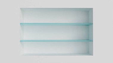 İç kısımda iki cam duvar rafı beyaz arkaplandaki bir oyukta mal, dekoratif elementler, kozmetik veya ambalaj tasarımı için bir şablon olarak kullanılıyor.