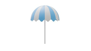 Beyaz arka planda çizgili beyaz ve mavi plaj şemsiyesi, yaz mevsiminin teması için şablonlar ve planlar için