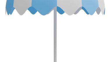 Beyaz arka planda şeritli beyaz ve mavi plaj şemsiyesi, yaz mevsiminin teması için şablonlar ve planlar için.