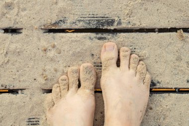 Bir yaz günü Ukrayna 'da nehir kıyısındaki bir sahil güvertesinin ahşap tahtalarında duran kadınların çıplak ayakları.