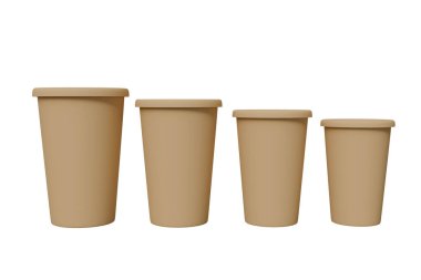 Farklı boyutlarda dört kahverengi kağıt bardakta beyaz arka plan yakın plan, ambalaj tasarımı için maket