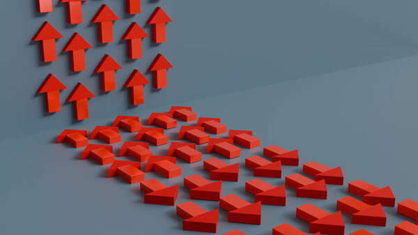 Объемные красные стрелки, указывающие вверх и прямо, расположенные в разных плоскостях, символизируют движение вперед, рост и развитие, бизнес-аналитику на синем фоне