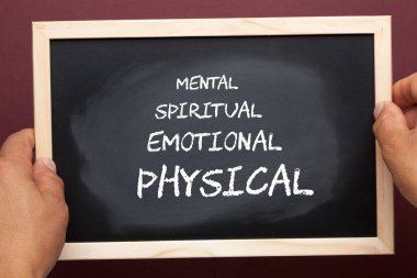 Elleri karatahtada zihinsel, ruhsal, duygusal ve fiziksel sözcüklerle.