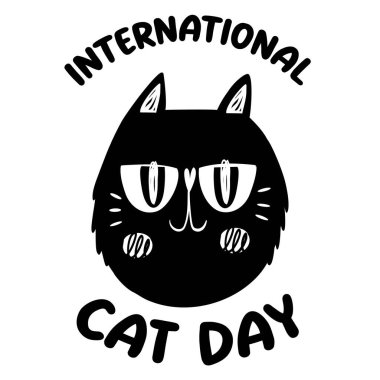 A stylized drawing of a cat's face, front view, in black and white on a white background with cartoon-style lines. Designed for International Cat Day (August 8th), it captures the feline essence with minimalism and refinement. clipart