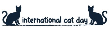 Silhouette of a cat in solid color on a line with the text INTERNATIONAL CAT DAY clipart