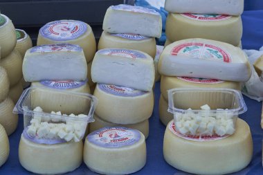 Yerel bir markette geleneksel peynir çarkları ve peynir küplerinin plastik kaplarda sergilenmesi. Lezzetli bir sanatsal süt ürünleri sergisi..