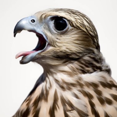 Bir şahinin portresi sesleniyor ya da gagası açık bir şekilde ciyaklıyor, dil tüyler üzerinde görünür ve keskin detaylar