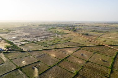 Hindistan 'da altı şerit delhi, jaipur, surat, baroda, ahmedabad ve mumbai karayolu ile birçok kare çiftlikte buğday buğday buğdaylı drone çekimi