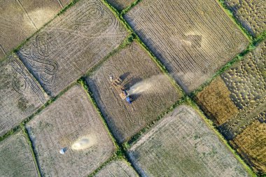 Rajasthan yakınlarındaki hasat mevsiminde traktörle buğday toplayan küçük çiftlikleri gösteren havadan drone görüntüsü.