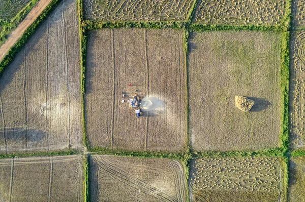 stock image straight down aerial drone shot showing square small farms with tractor in between winnowing grain during the harvest season near Rajasthan India