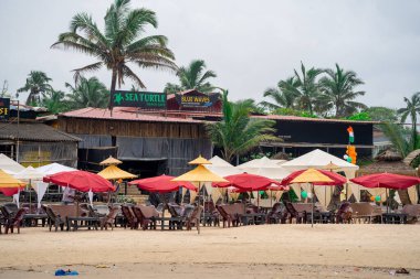 Goa, Hindistan - 16 Ağustos 24: Renkli şemsiyeli boş popüler barakalar, hindistan cevizi ağaçlı açık havada oturmalar Goa 'da turizmde azalma olduğunu gösteriyor