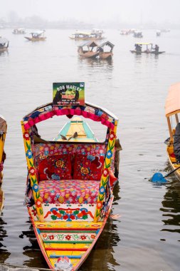 Srinagar, Kashmir - 3 Ocak 2025: Düşük turizm sezonunda Dal Gölü 'nde demirlemiş diğer pek çok boş kayıkla birlikte kıyıda boş ahşap kayık