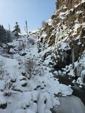 Tanmarg Gulmarg Kashmir 'de donmuş Drung şelalesi popüler bir turistik yer ve Chilai Kalan döneminde kışı gösteren bir doğa harikası.