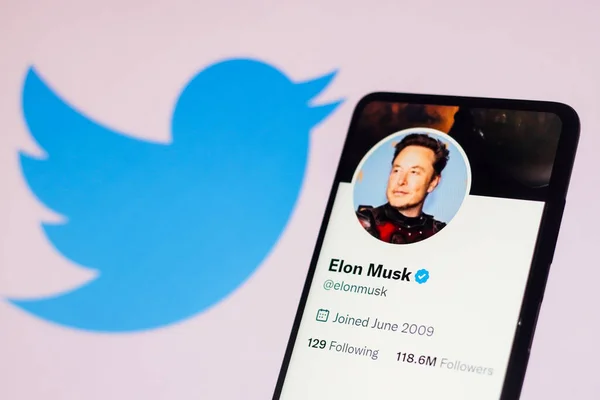 2022年11月24日 ブラジル この写真のイラストでは スマートフォンの画面にElon Musk Twitterアカウントが表示され 背景に画面にTwitterロゴが表示されています — ストック写真