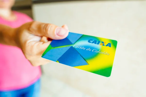 January 2023 Brazil Photo Illustration Woman Shows Citizen Card Caixa — Stockfoto