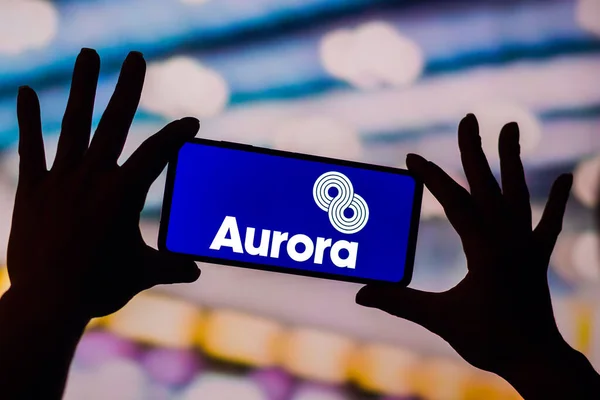 January 2023 Brazil Photo Illustration Aurora Airlines Logo Displayed Smartphone — Foto Stock