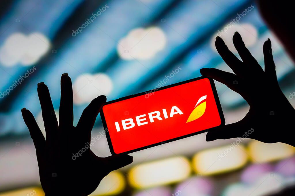 February 6, 2023, Brazil. In this photo illustration, the Iberia logo is displayed on a smartphone screen