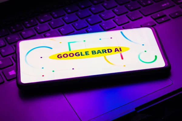 stock image February 9, 2023, Brazil. In this photo illustration, the Google Bard AI logo is displayed on a smartphone screen