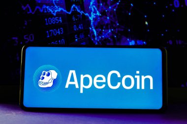 February 10, 2023, Brazil. In this photo illustration the ApeCoin logo seen displayed on a smartphone