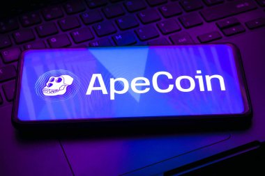 February 10, 2023, Brazil. In this photo illustration the ApeCoin logo seen displayed on a smartphone