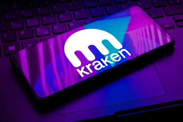 stock image February 10, 2023, Brazil. In this photo illustration the Kraken logo seen displayed on a smartphone