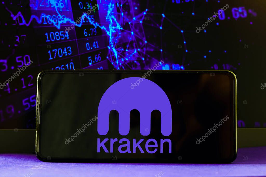 February 10, 2023, Brazil. In this photo illustration the Kraken logo seen displayed on a smartphone