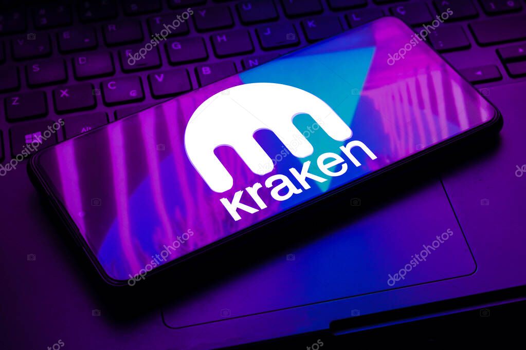 February 10, 2023, Brazil. In this photo illustration the Kraken logo seen displayed on a smartphone