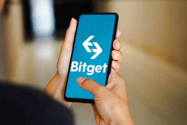 stock image February 17, 2023, Brazil. In this photo illustration, the Bitget logo is seen displayed on a smartphone