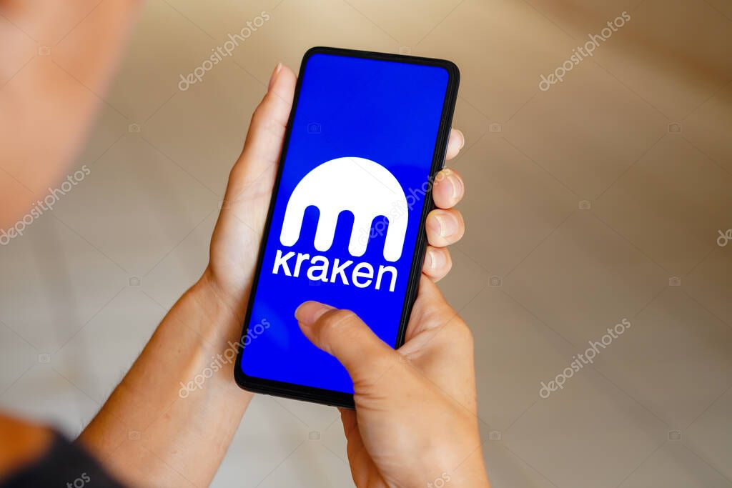 February 17, 2023, Brazil. In this photo illustration, the Kraken logo is seen displayed on a smartphone