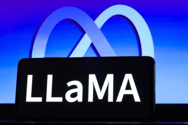 March 2, 2023, Brazil. In this photo illustration, the LLaMA (Large Language Model Meta AI) logo seen displayed on a smartphone and in the background, the Meta Platforms logo clipart