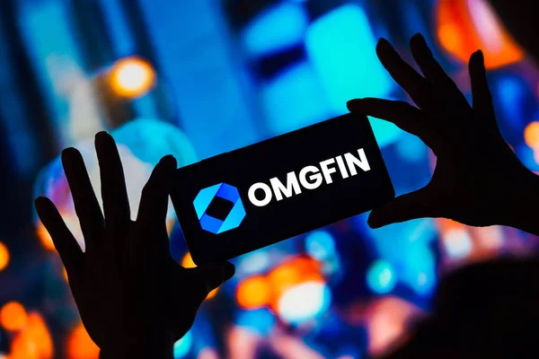 March 2023 Brazil Photo Illustration Omgfin Logo Seen Displayed Smartphone — Stock Photo, Image