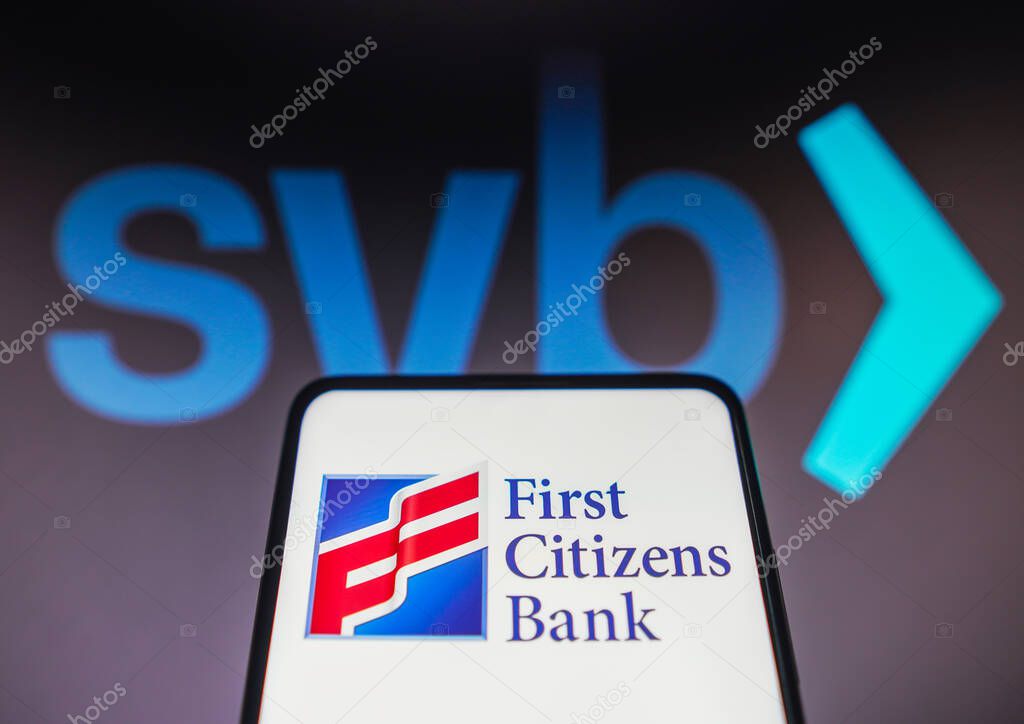 March 20, 2023, Brazil. In this photo illustration the First Citizens Bank logo seen displayed on a smartphone and Silicon Valley Bank (SVB) logo on the background