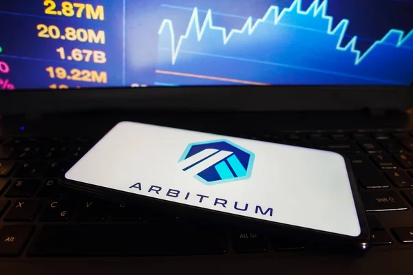 stock image March 27, 2023, Brazil. In this photo illustration, the Arbitrum (ARB) logo is displayed on a smartphone screen