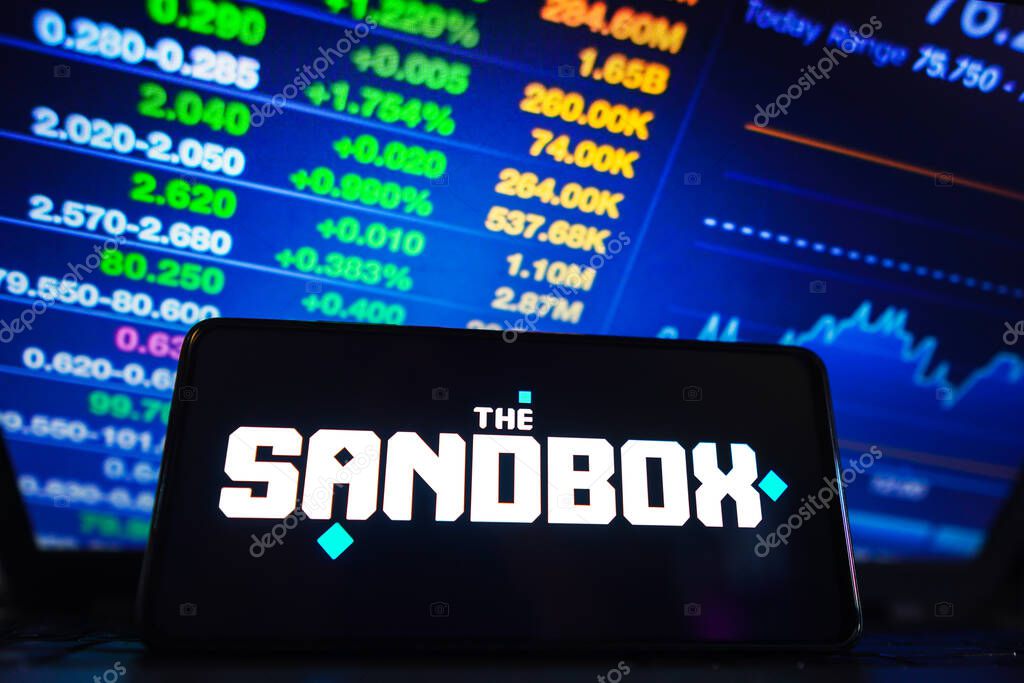 March 28, 2023, Brazil. In this photo illustration, the Sandbox (SAND) logo is displayed on a smartphone screen