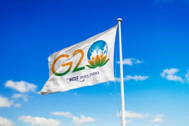 April 21, 2023, Brazil. The 2023 G20 New Delhi summit soon appears on a flag. The G20 summit will meet on September 9-10 clipart