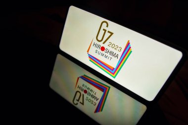 April 20, 2023, Brazil. In this photo illustration, the 49th G7 summit logo is displayed on a smartphone screen. Event will take place between 1921 May 2023 in Hiroshima city, Japan. clipart