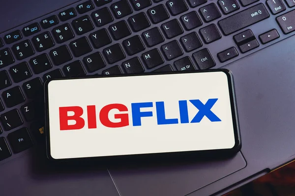 stock image April 28, 2023, Brazil. In this photo illustration, the BIGFlix logo is displayed on a smartphone screen