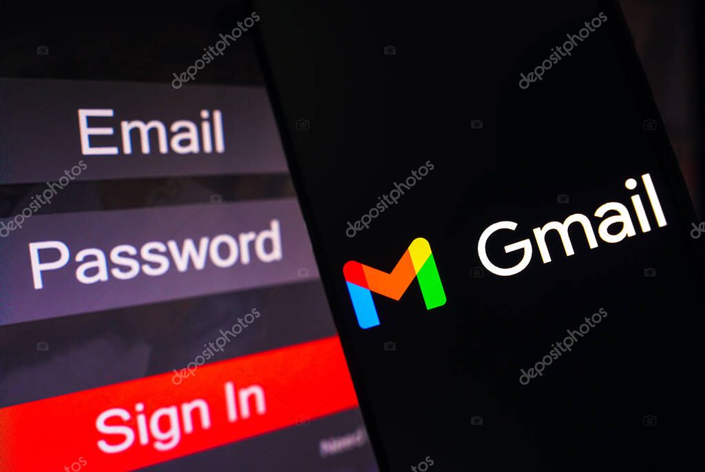 May 1, 2023, Brazil. In this photo illustration, the Gmail logo is displayed on a smartphone screen, next to a login screen, with email, password and sign in