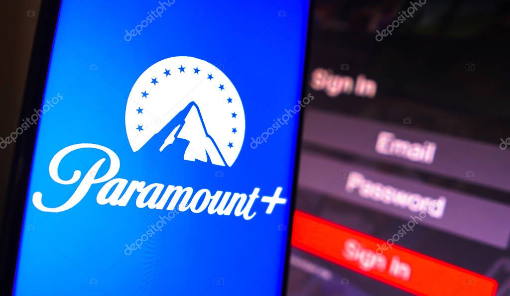 May 2, 2023, Brazil. In this photo illustration, the Paramount Plus logo is displayed on a smartphone screen, next to a login screen, with email, password and sign in