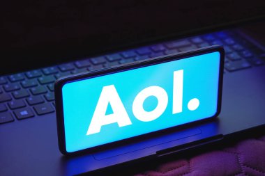 May 15, 2023, Brazil. In this photo illustration, the AOL logo is displayed on a smartphone screen clipart