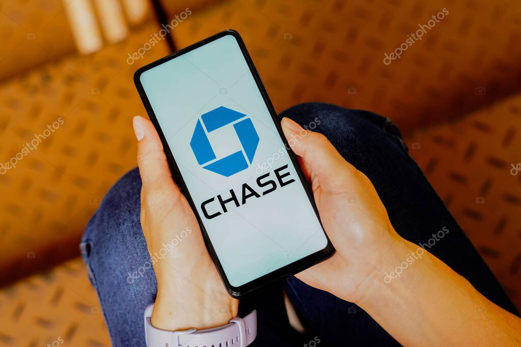 May 20, 2023, Brazil. In this photo illustration, the Chase Bank logo is displayed on a smartphone screen