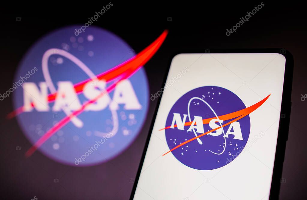 May 20, 2023, Brazil. In this photo illustration, the NASA logo is displayed on a smartphone screen