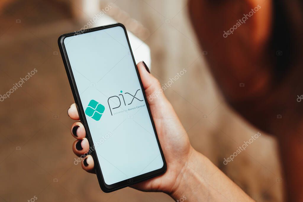 May 22, 2023, Brazil. In this photo illustration, the Pix powered by Banco Central logo is displayed on a smartphone screen