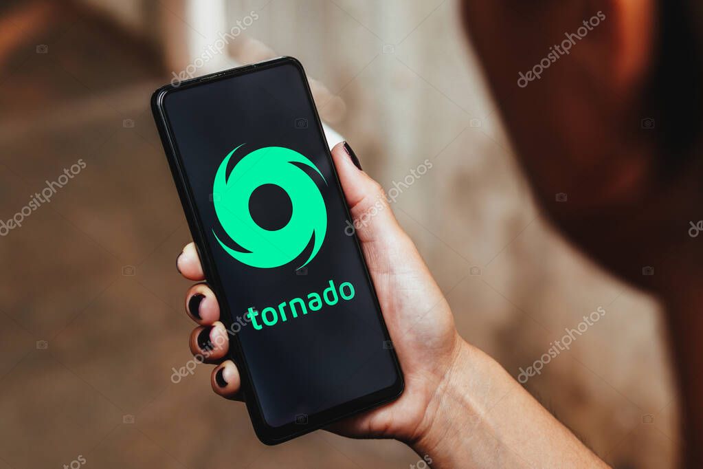 May 22, 2023, Brazil. In this photo illustration, the Tornado Cash logo is displayed on a smartphone screen